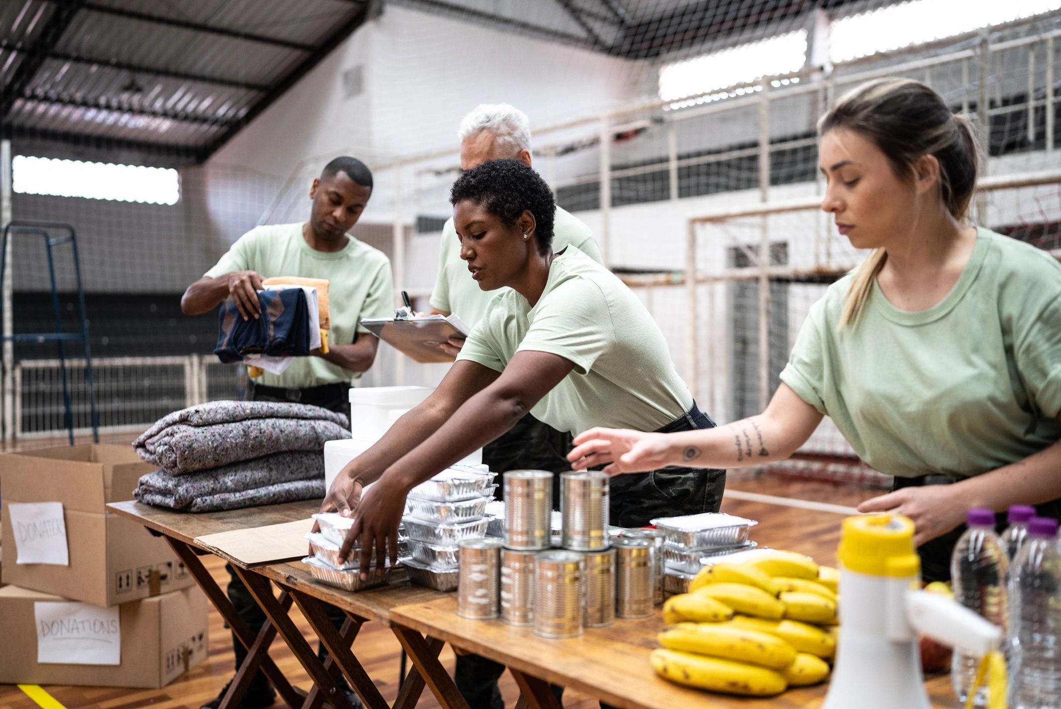 Donations being organized in a community relief setting